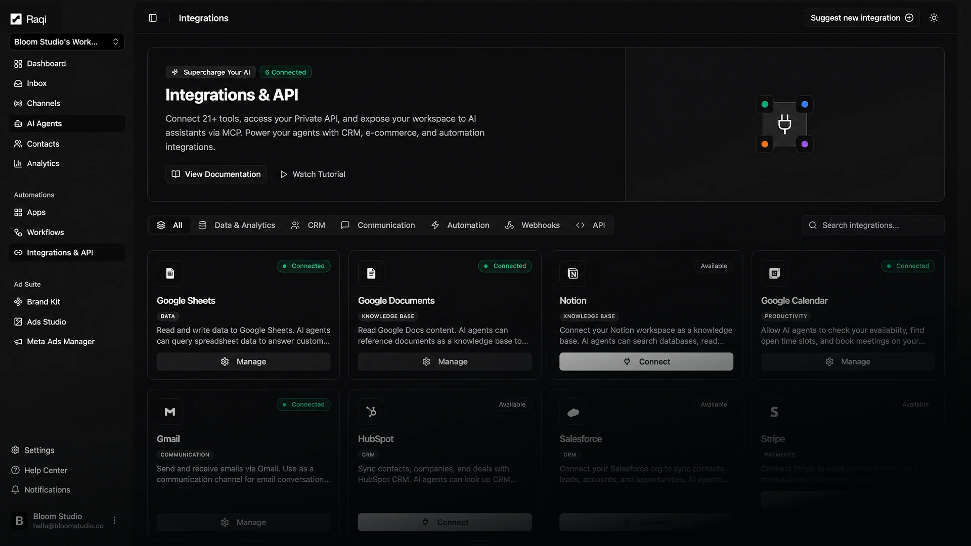 Integrations page showing all available integrations organized by category